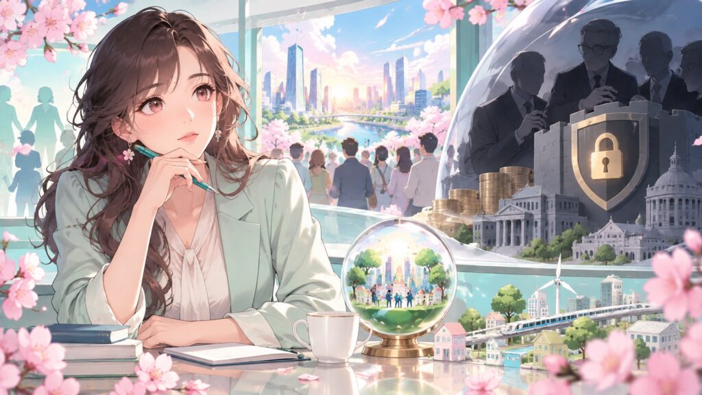 「既得権益を守る側がいる事が分かった事が、この選挙の大きな成果では無いでしょうか」を題材にした架空の成人人物のアニメ風イラスト