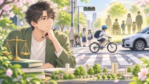 「公道である以上、全ての人間が法律を守る事が義務ですし、それを守った状況下でのみ交通弱者は守られるべきです」を題材にした架空の成人人物のアニメ風イラスト