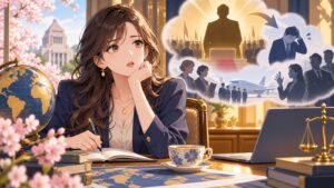 「総理大臣を長年狙っていた人が、このレベルだなんて愕然とした」を題材にした架空の成人人物のアニメ風イラスト