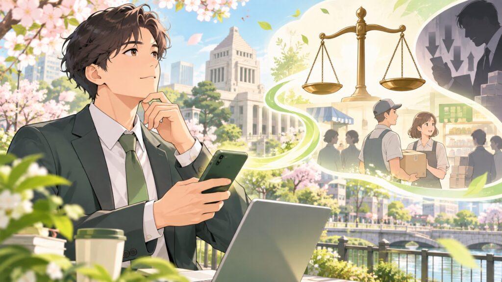 「公正取引委員会にガンガン通報しましょうは正しいのだと思いますよね」を題材にした架空の成人人物のアニメ風イラスト