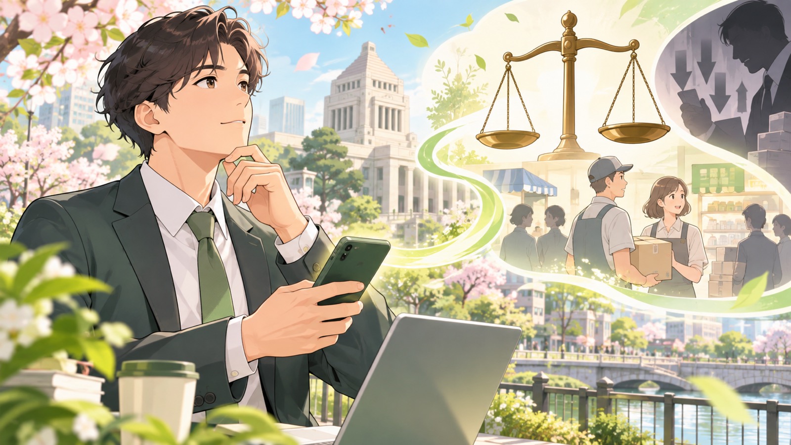 「公正取引委員会にガンガン通報しましょうは正しいのだと思いますよね」を題材にした架空の成人人物のアニメ風イラスト