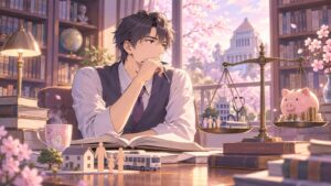 「結局、財源は増税でしょうね」を題材にした架空の成人人物のアニメ風イラスト