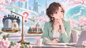 「政治献金を法人の必要経費として認めているのがそもそも可笑しいですからね」を題材にした架空の成人人物のアニメ風イラスト