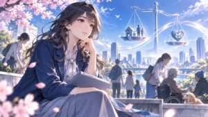 「助けるなら本当に困ってる方を助けたいですよね」を題材にした架空の成人人物のアニメ風イラスト