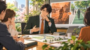 「自転車に乗る人のモラルに頼って居ても、事故は減らないと思いますからね」を題材にした架空の成人人物のアニメ風イラスト