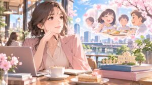 学校給食の無償化と政策議論を題材にした架空の成人人物のアニメ風イラスト