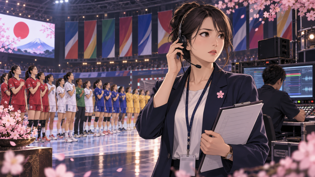 国際大会で国歌を確認する運営担当者と整列する選手たちのアニメ風イラスト