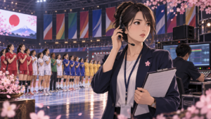国際大会で国歌を確認する運営担当者と整列する選手たちのアニメ風イラスト