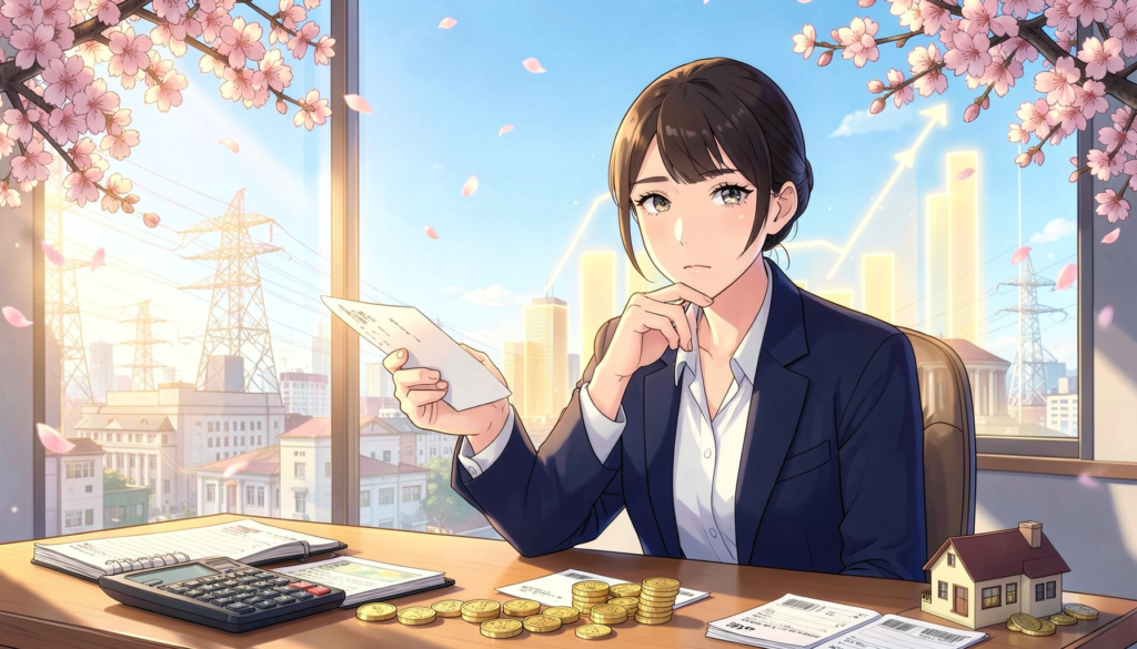 桜の舞う窓辺で給与明細を手に家計と税負担を考える女性と、電卓や硬貨、送電鉄塔の見える街並みのアニメ風イラスト