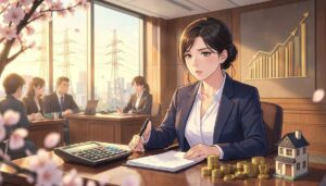 給与明細と電卓を前に家計を考える女性と、送電鉄塔の見える街並み、上昇する棒グラフのアニメ風イラスト