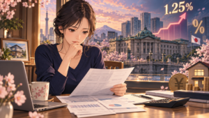 日銀の利上げと住宅ローンなど家計負担を考える女性のアニメ風イラスト
