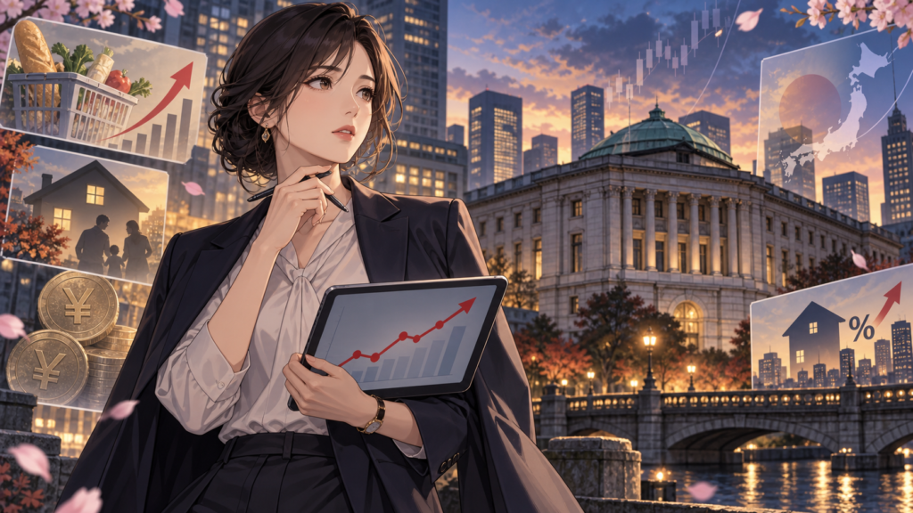 日銀の利上げと物価・賃金の行方を考える女性エコノミストのアニメ風イラスト