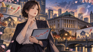 日銀の利上げと物価・賃金の行方を考える女性エコノミストのアニメ風イラスト