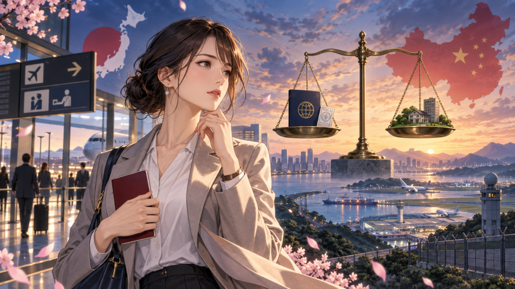 中国のビザ手数料引き上げと相互主義・土地規制を考える女性のアニメ風イラスト