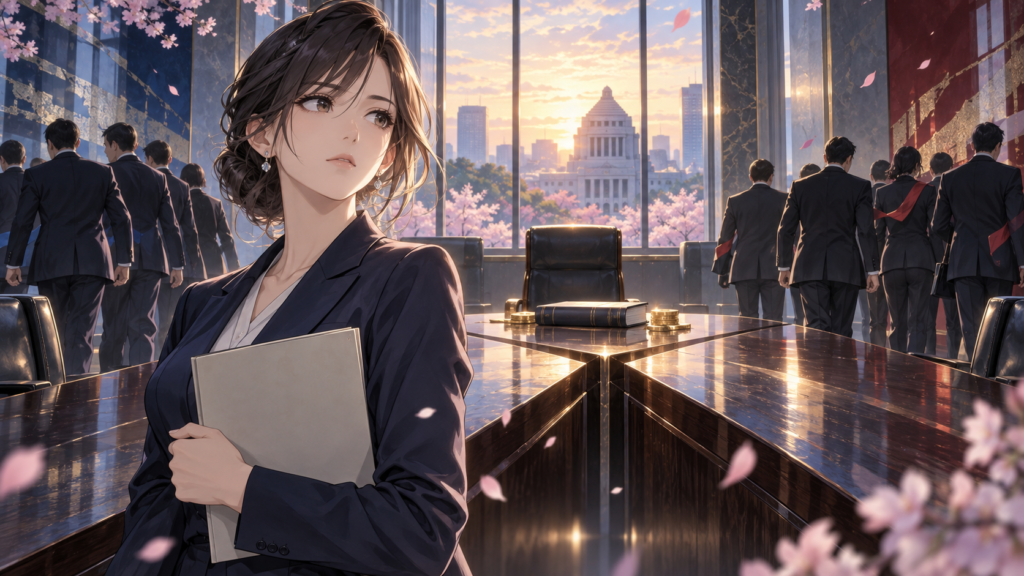 分裂する政治勢力と政党交付金を見つめる女性記者のアニメ風イラスト