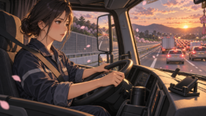 渋滞した高速道路を注視する女性トラック運転手とながらスマホ防止のアニメ風イラスト
