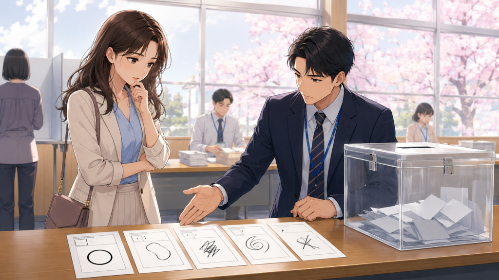 投票用紙の判定基準を考える女性と選挙担当者のアニメ風イラスト