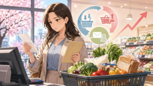 食料品の税率と現金給付を考える女性のアニメ風イラスト