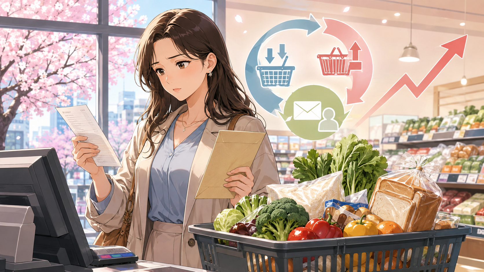 食料品の税率と現金給付を考える女性のアニメ風イラスト