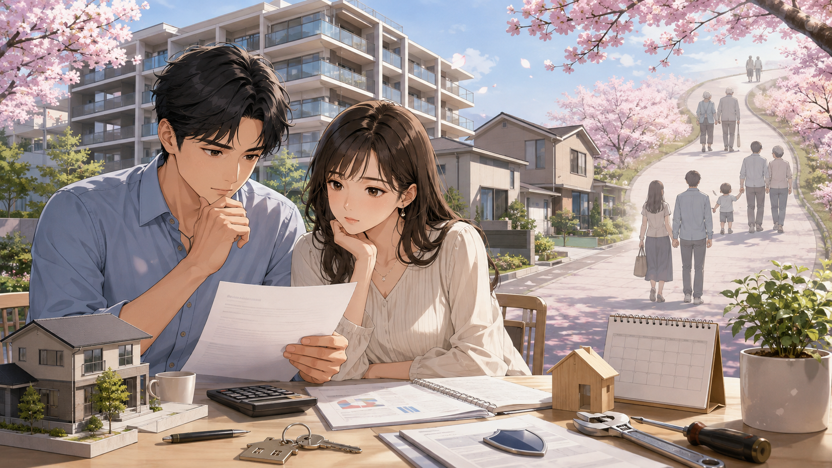 住宅ローンと将来の維持費を考える若い夫婦のアニメ風イラスト