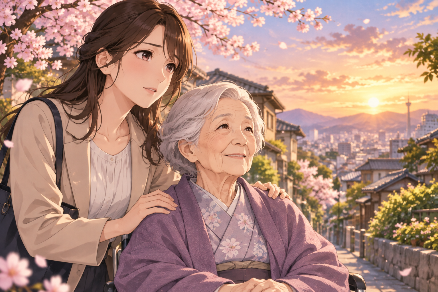 100歳以上の高齢者増加と現役世代の社会保障負担を考える女性と高齢女性のアニメ風イラスト