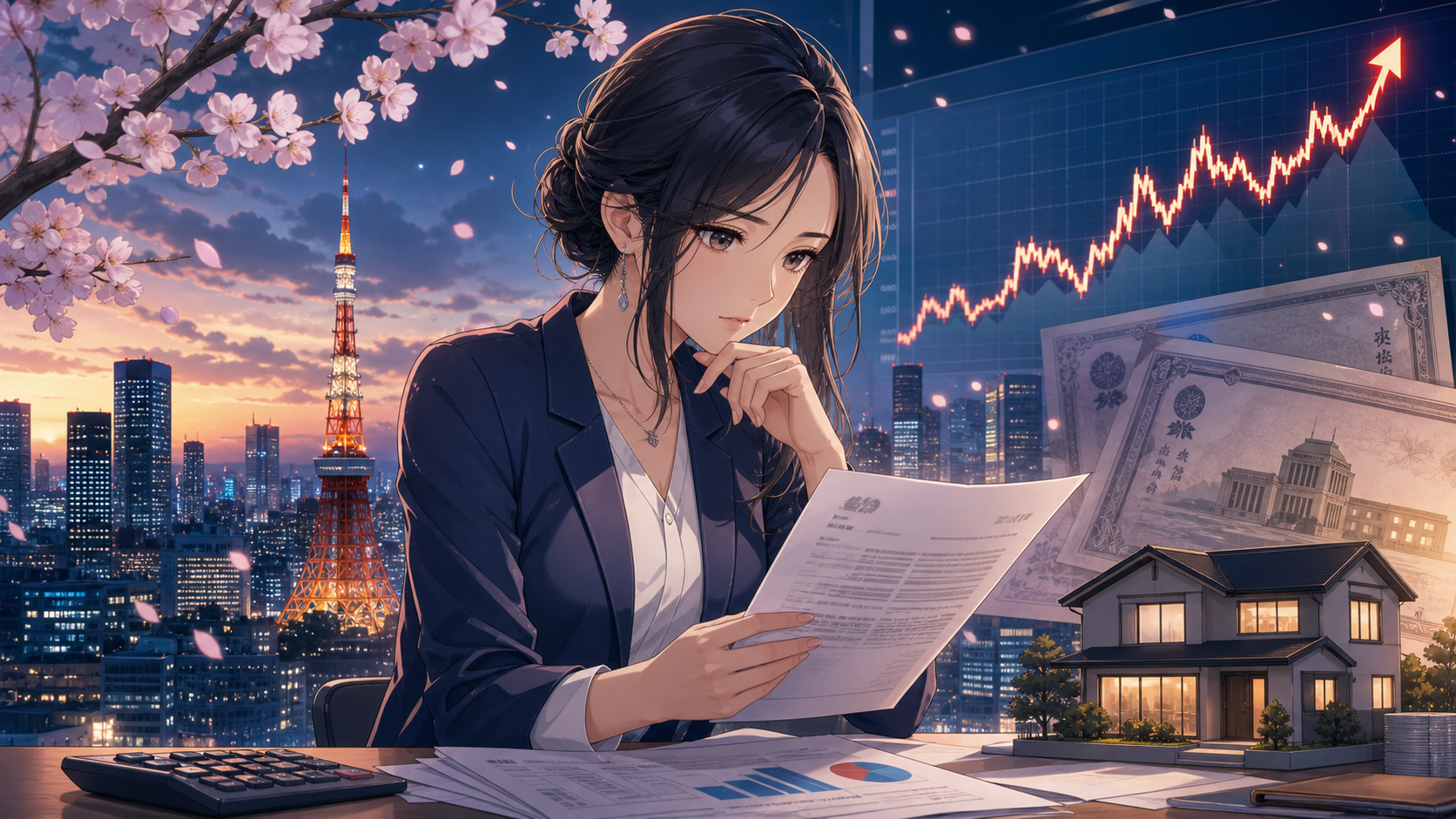 長期金利上昇と住宅ローンを見つめる女性のアニメ風イラスト