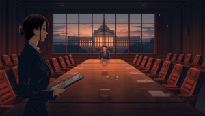 無人の会議室で議事資料を手に一人残された議員を見つめる女性記者のアニメ風イラスト