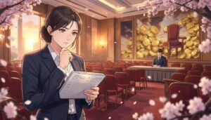 夕暮れの空席だらけの党大会場で帳簿を手に考え込む女性と、金貨が空席へ流れ込む壁画のアニメ風イラスト