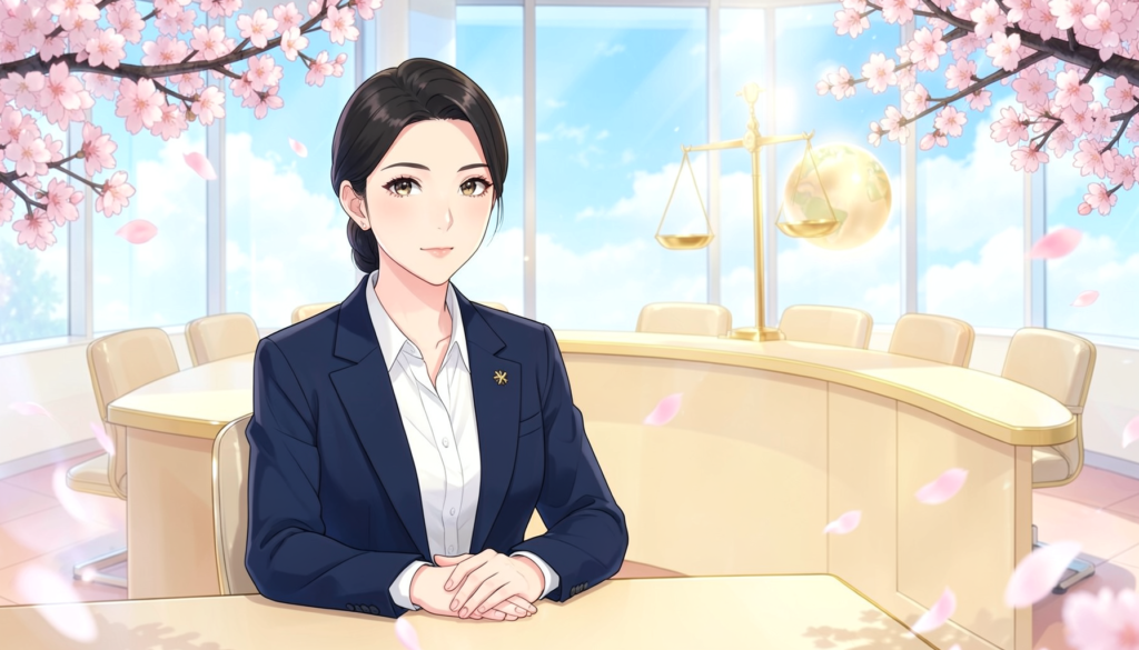 桜の枝が縁取る明るい国際会議場で、天秤と地球儀を背に空席の円卓の前に座る女性外交官のアニメ風イラスト
