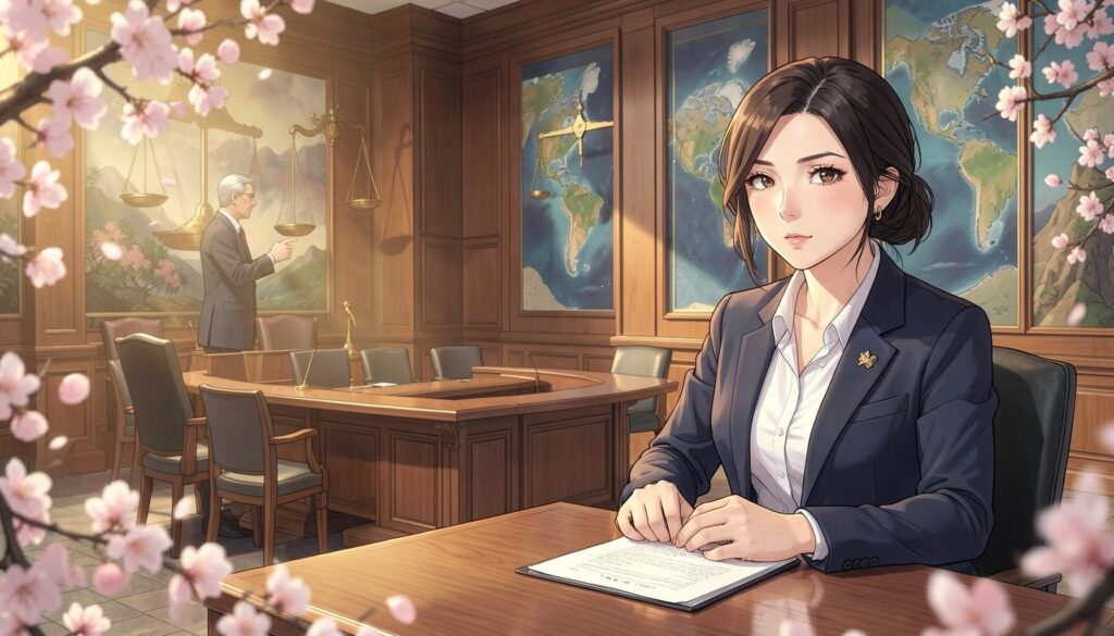 国際会議場で書類に手を重ねて座る女性と、遠くの演説者、天秤と地球儀の壁画のアニメ風イラスト