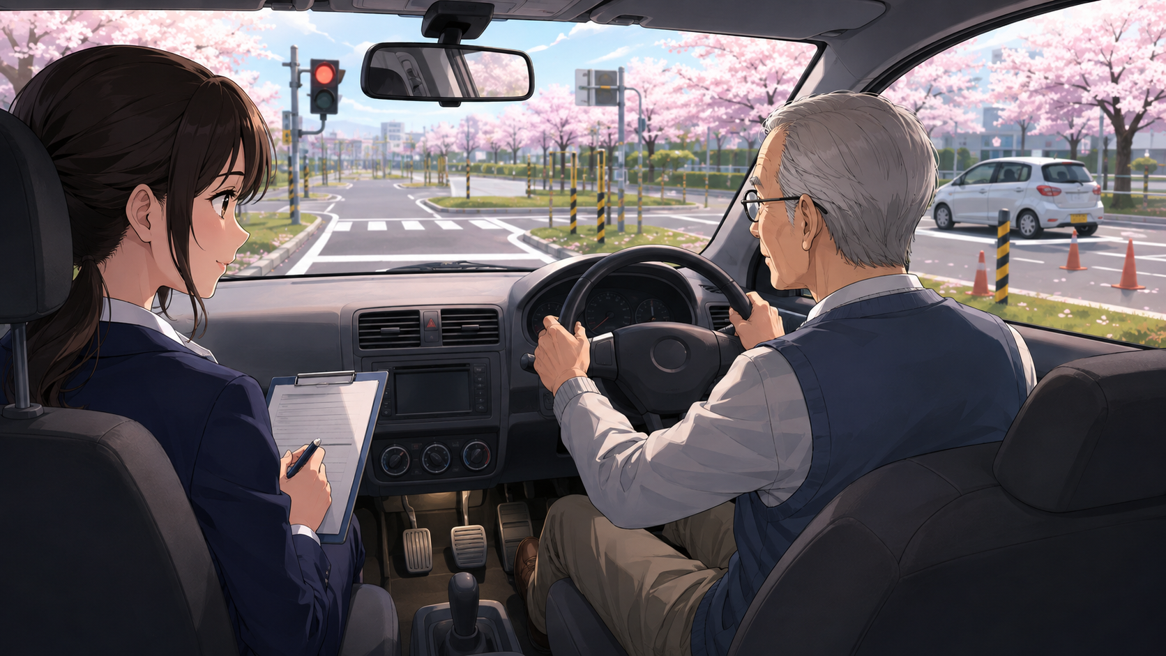 高齢者の運転技能検査を見守る女性試験官のアニメ風イラスト