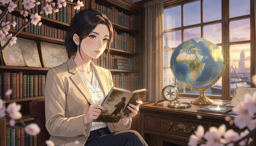 古い写真帳を手にした女性と、地球儀や古地図の並ぶ資料室、港の夕景のアニメ風イラスト