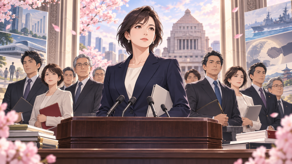 第2次高市改造内閣を象徴する女性リーダーと閣僚たちのアニメ風イラスト
