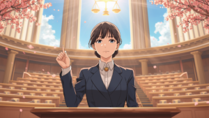 青空の差し込む国際会議場の演台で法の支配を訴える女性首相と天秤、桜のアニメ風イラスト
