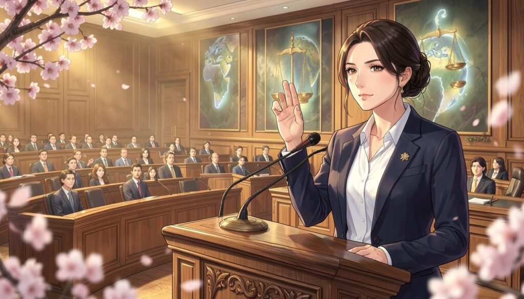 国際会議場の演台で手を挙げて法の支配を訴える女性と、天秤と地球儀の壁画、桜のアニメ風イラスト