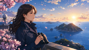 日本の離島と海洋領域を見守る女性のアニメ風イラスト