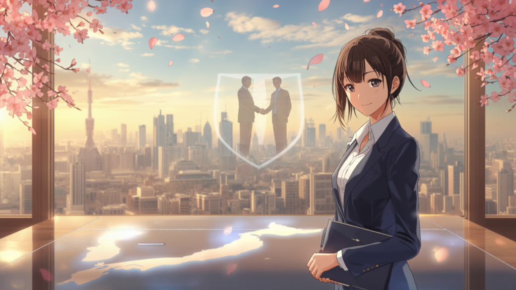 桜舞う東京の戦略室で日本地図の前に立ち、二大国の握手の投影を背にする女性戦略官のアニメ風イラスト
