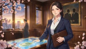 戦略室で太平洋の光る地図に手を置く女性と、握手するシルエットの絵画、桜のアニメ風イラスト