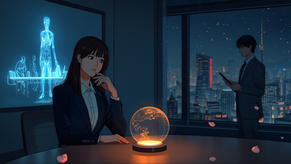 夜のオフィスでAIのホログラムと首脳会談の投影を眺めながら考え込む女性研究者と、窓辺で端末を見る男性同僚のアニメ風イラスト