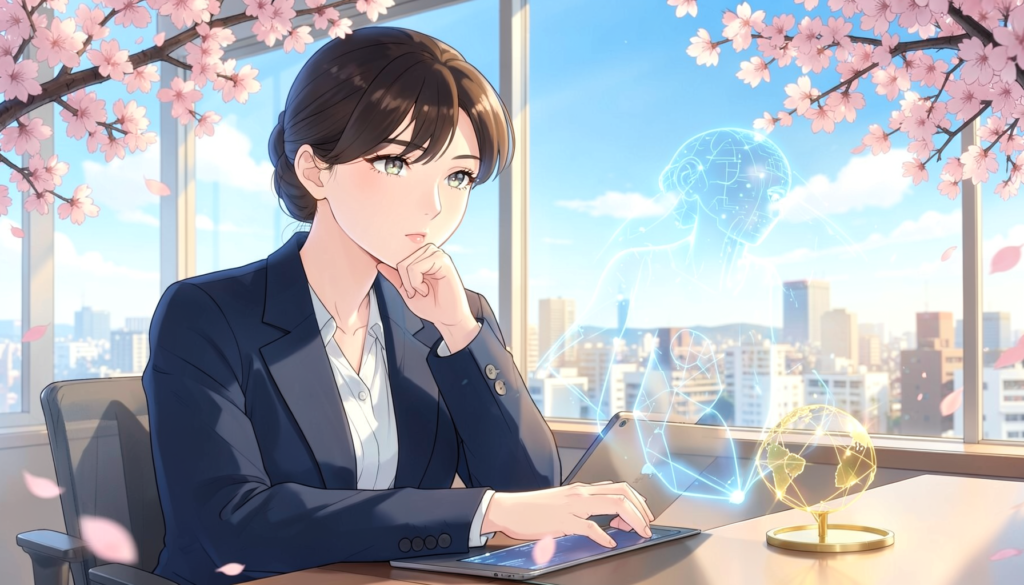 桜の枝が縁取る明るいオフィスで、AIのホログラムと金色の地球儀を前に考え込む女性研究者のアニメ風イラスト