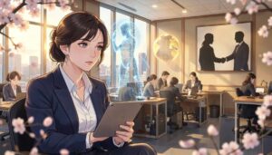 オフィスでAIのホログラムと地球儀を前に考え込む女性と、握手するシルエットの壁画のアニメ風イラスト