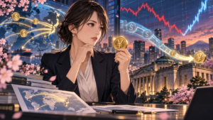 円買い介入と日本経済の稼ぐ力を考える女性のアニメ風イラスト