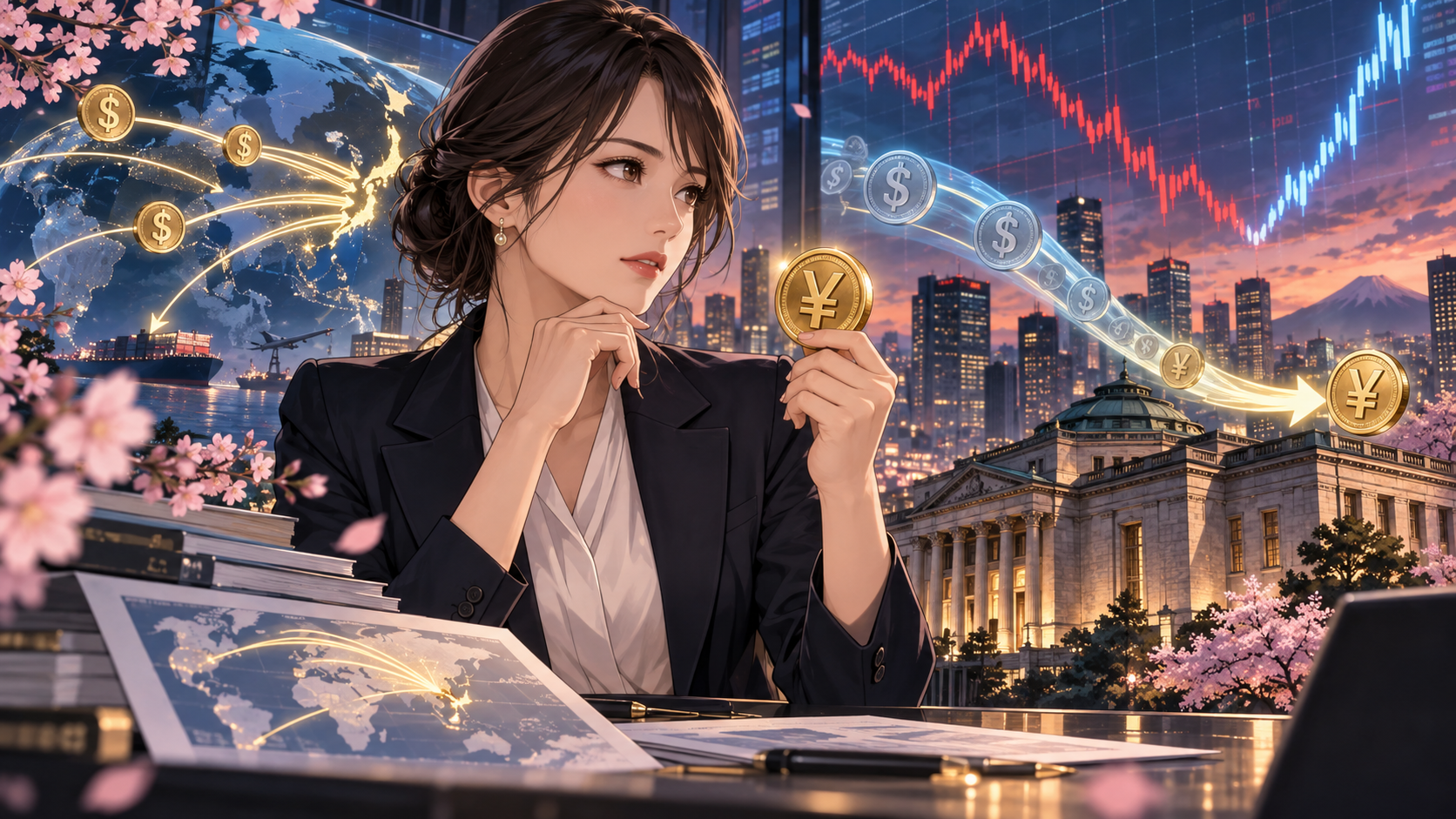 円買い介入と日本経済の稼ぐ力を考える女性のアニメ風イラスト