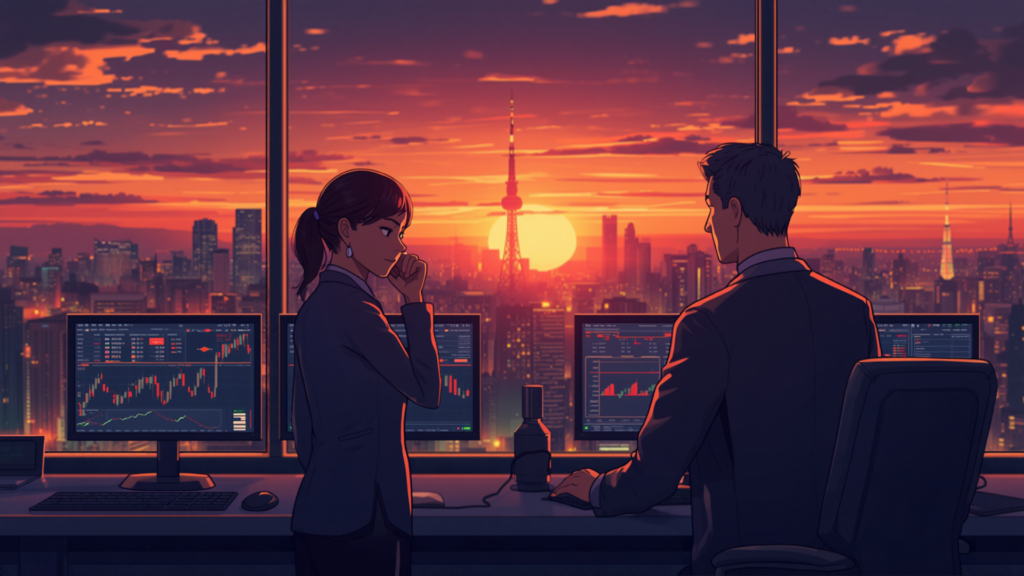 夕暮れの東京を望むディーリングルームで相場チャートを見ながら電話で確認する女性為替ディーラーと男性同僚のアニメ風イラスト