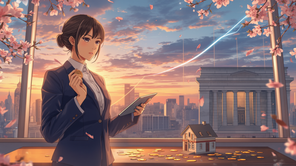 夕焼けの東京を背に金貨とタブレットを手に円安と金利を考える女性エコノミストと桜のアニメ風イラスト