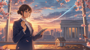 夕焼けの東京を背に金貨とタブレットを手に円安と金利を考える女性エコノミストと桜のアニメ風イラスト