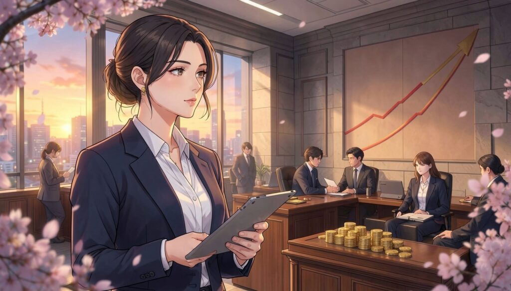 夕暮れのディーリングルームで金貨とタブレットを手に円安を考える女性と、上昇する相場の壁画のアニメ風イラスト