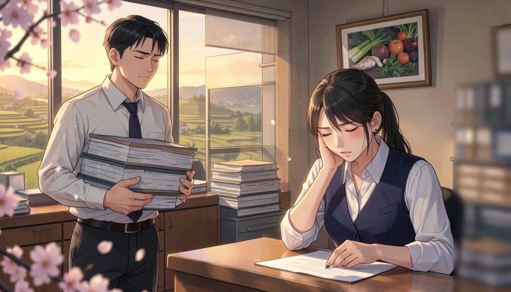 夕暮れの役所の執務室で、書類の山に囲まれ額に手を当てて疲れ切った表情の紺ベストの女性職員と、分厚いファイルを抱えてため息をつく男性職員、窓の外に棚田が広がる桜舞うアニメ風イラスト