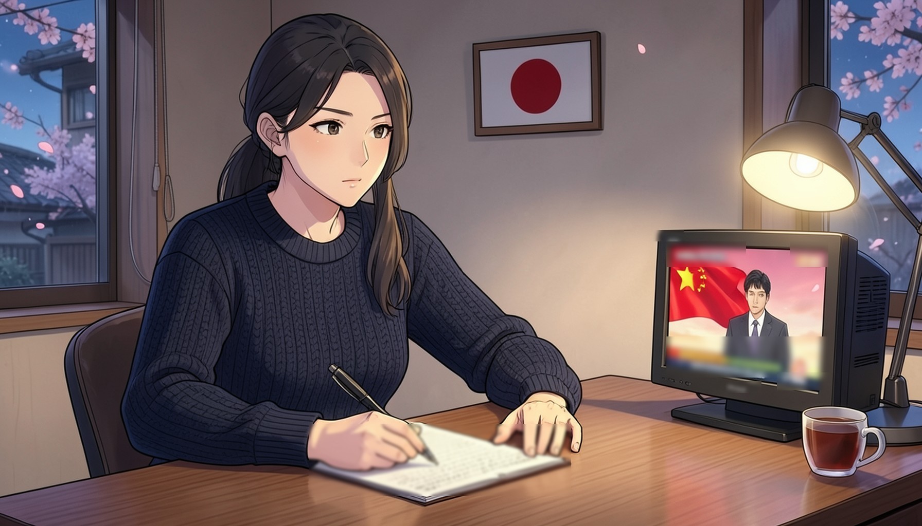 夜の書斎で紺のニットを着た女性が原稿に万年筆で脚本を書き、毅然とした表情で正面を見つめている。壁には額装の日の丸、机の小型テレビには中国国旗と男性キャスターが映り、窓から桜の花びらが舞い込むアニメ風イラスト