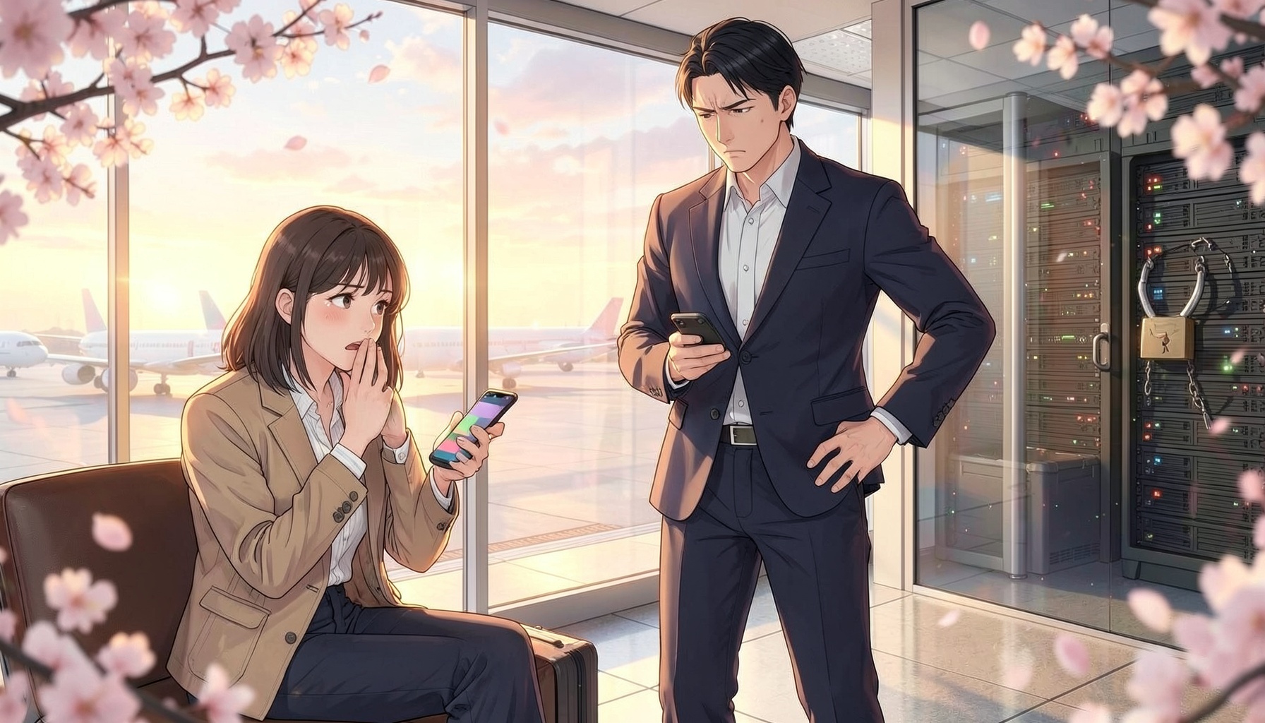 夕日の空港ロビーで、スマホを見て口元を押さえ驚く女性と、スマホを手に腕を腰に当てて顔をしかめるスーツ姿の男性、背後に壊れた南京錠のかかったサーバー室が見える桜舞うアニメ風イラスト